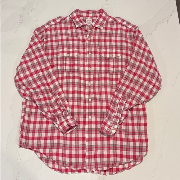 Brooks Brothers Other - Brooks Brothers Linen Red and White Checkered Military Shirt Size XL